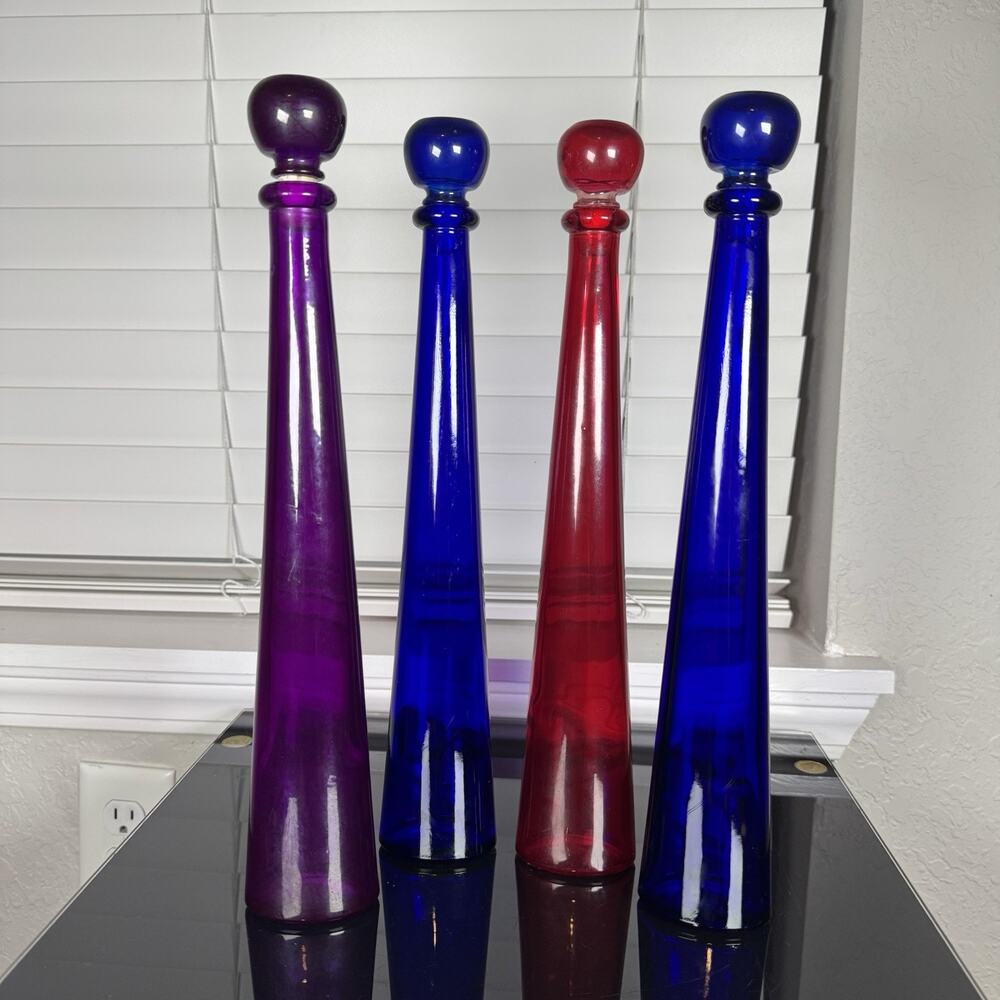 Vintage Colored Glass Decanter Bottle Set of 4 Blue Red Purple w/ Stoppers 13”